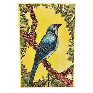 Bright Blue Jay Bird Art | Bold Yellow Canvas | 17x11 Modern Nature Print